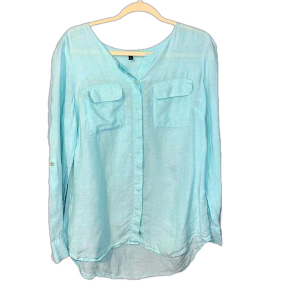 Talbots 100% Linen Top Womens medium Blue Button Front V-Neck Long Sleeve Blouse